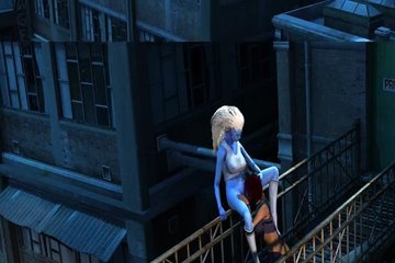 The villain is engaged in lesbian sex with the beauty