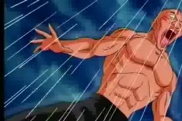 The villain from the cartoon jerks off the girl's cap with a jet of water