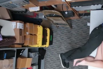 A young thief is fucked hard by the head of security in front of her boyfriend