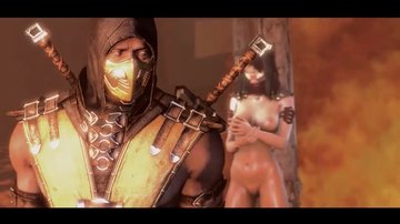 Scorpio from Mortal Kombat fucks a big-boobed brunette and cums inside
