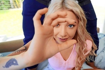 Playful blonde in a tank top sucks a big dick, fucks in pussy and swallows cum