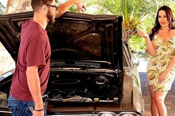 A beautiful milf with elastic breasts paid for sex with a car mechanic