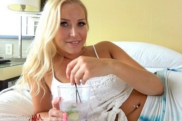 A beautiful blonde sucks a big dick with gusto and gets it in her pussy