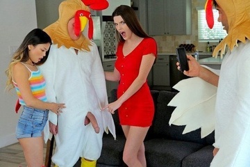 Guys in cock suits fry two beautiful chicks